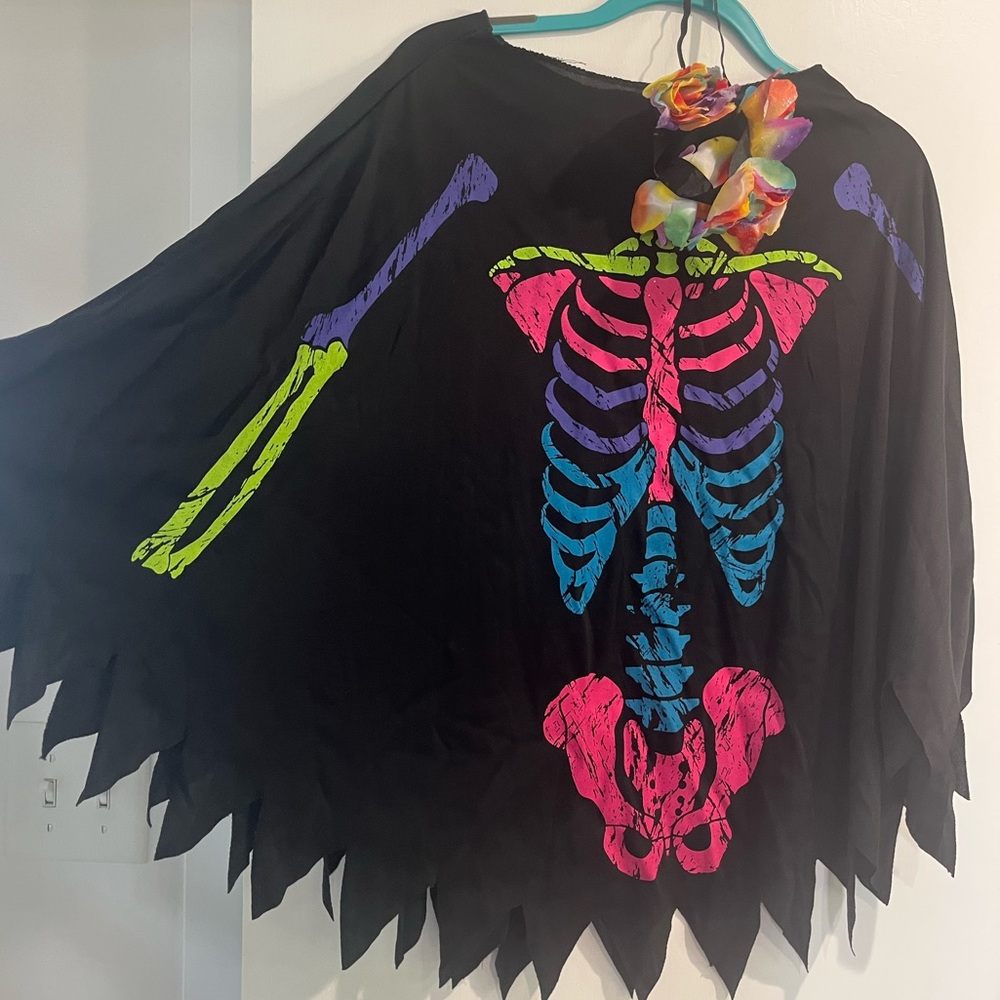 Colorful Skeleton Poncho with Floral Headband - Picture 2 of 9